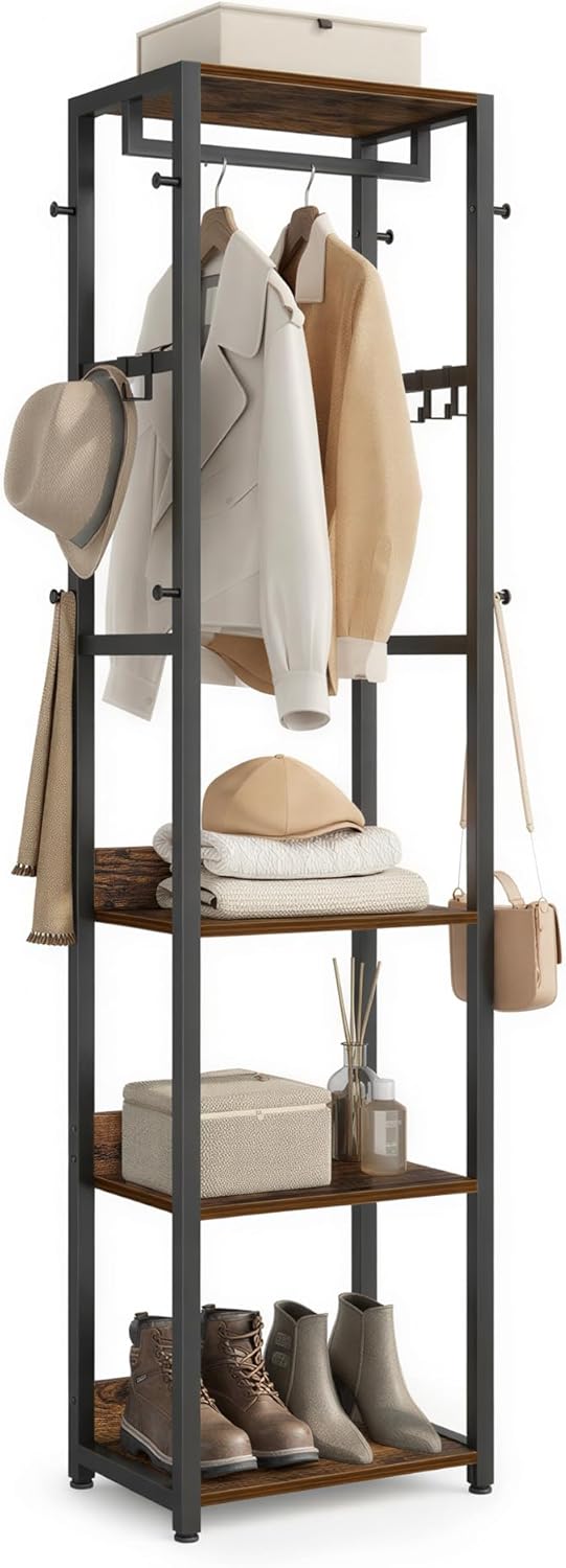 VASAGLE Coat Rack, Freestanding Hall Tree with Shelves, Hanging Rail, and Hoo...