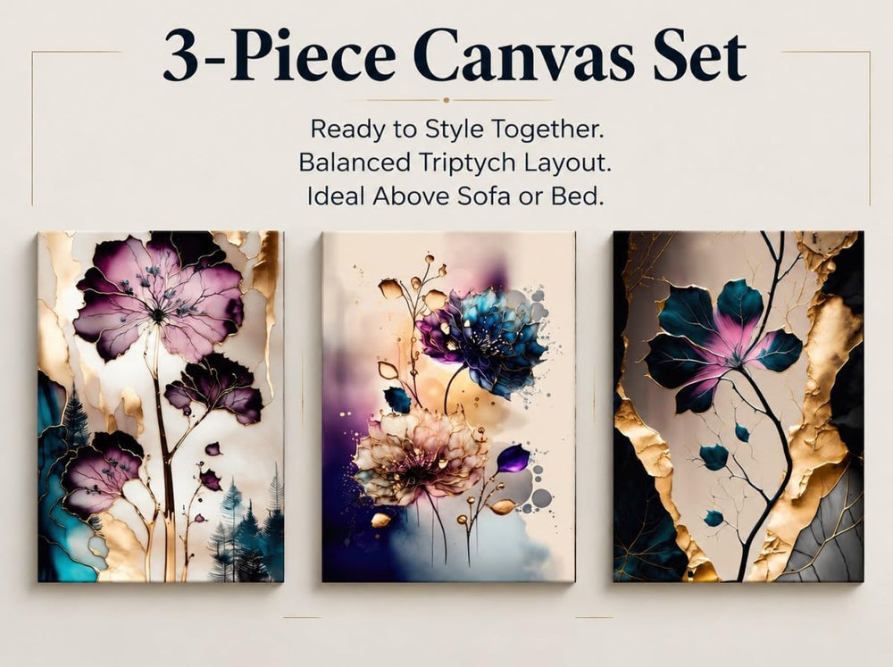BVVEYKXX Abstract Floral Canvas Wall Art, Purple Gold Fluid Flower Prints