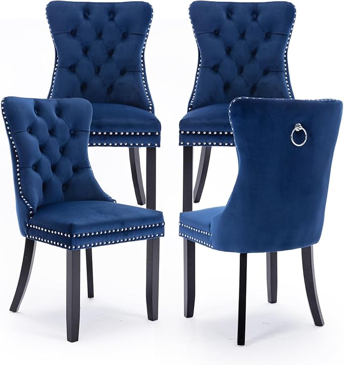 Velvet Upholstered Dining Chairs Set of 4, Modern Style Kitchen Side Chairs w...