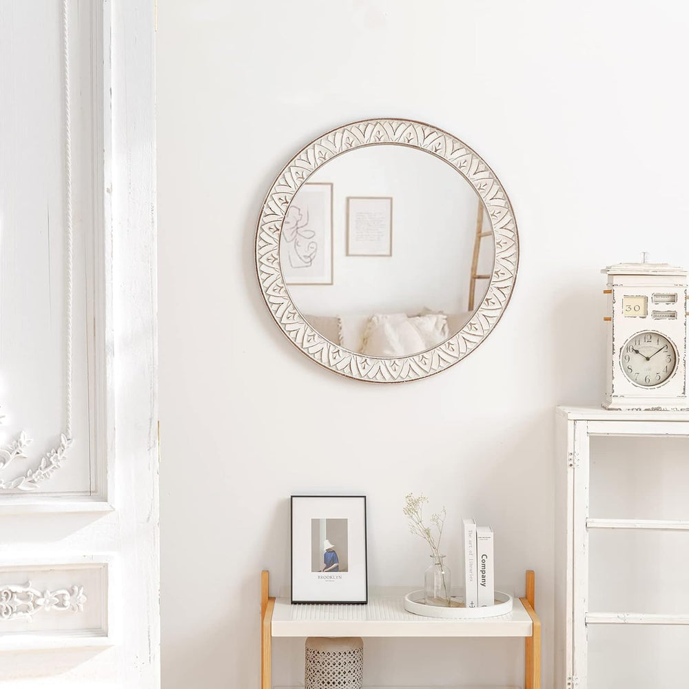 24" Round Mirror Farmhouse Wooden Frame Circle Mirrors, Rustic Decorativ...