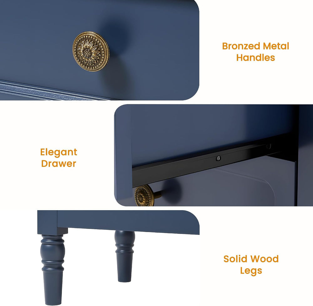 RoyalCraft Nightstand with 3 Drawers, Blue Wood Night Stand for Bedroom