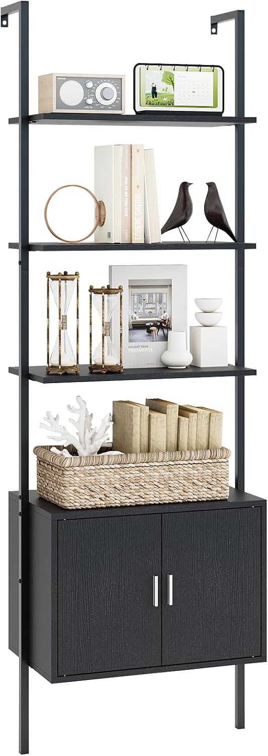 Giantex 72.5" Ladder Bookshelf with Cabinet, 5-Tier Tall Wall-Mounted Sh...
