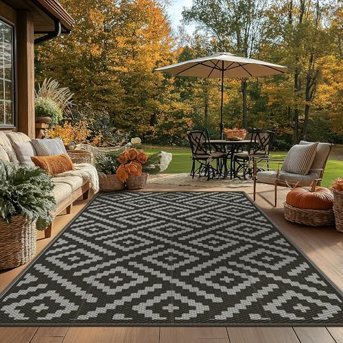 GENIMO Outdoor Rug, Waterproof Plastic Rugs for Patio, 6'x9' Black Grey