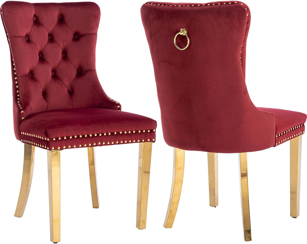 Luxury Upholstered Dining Chairs Set of 2, Red Kitchen Chair with Golden Meta...