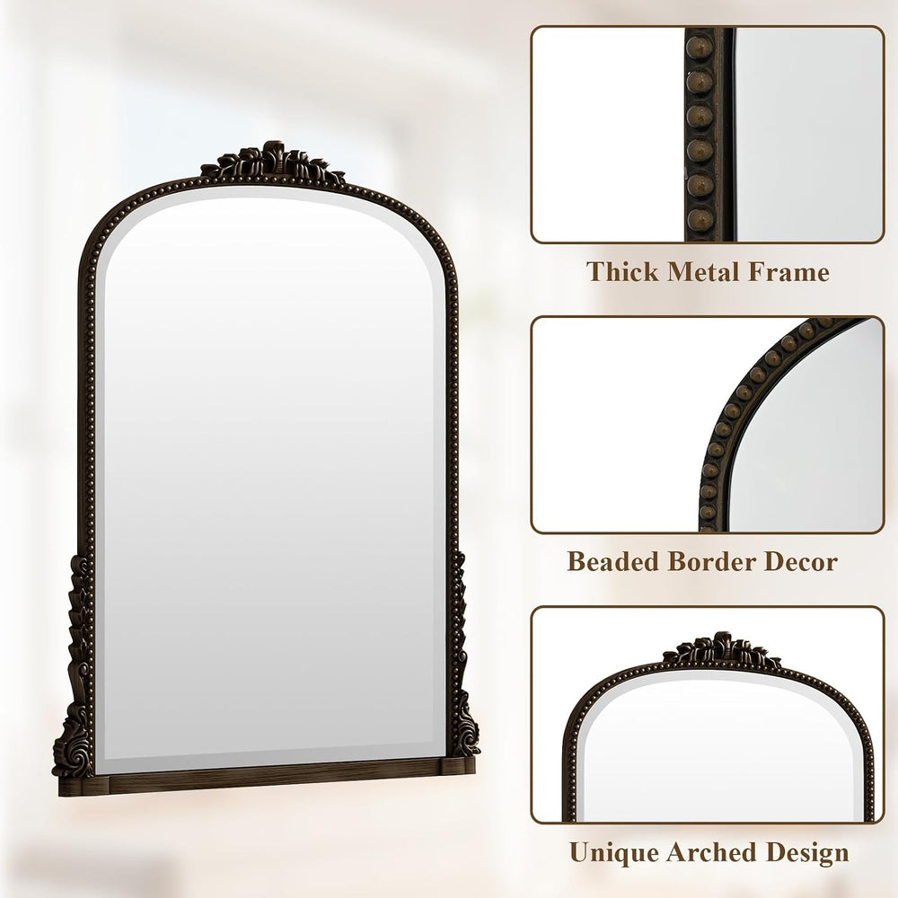 24"×32" Bronze Arched Wall Mirror with Vintage Carving
