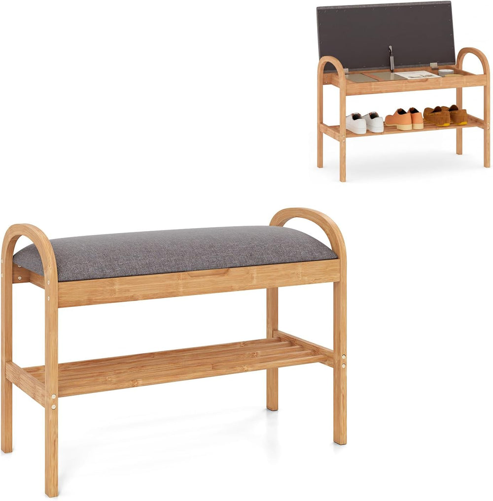 Giantex Shoe Bench with Flip-Top Storage, Bamboo 2-Tier Entryway Bench with P...