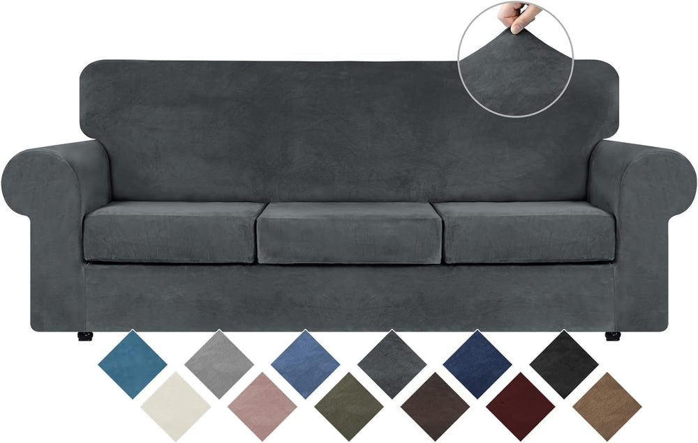 WEERRW 4 Pieces Couch Cover for Sofa Velvet Sofa Covers Washable, Dark Grey