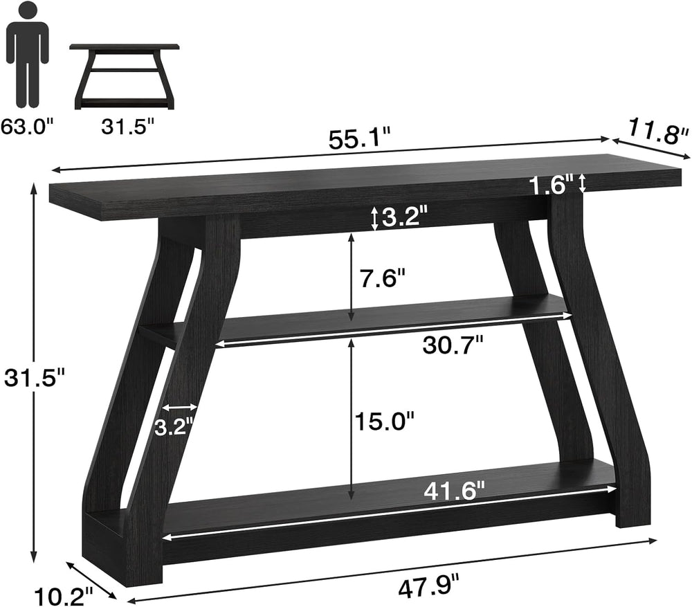 55-Inch Black Entryway Table, Modern Console Tables 3-Tier Couch Table Behind...