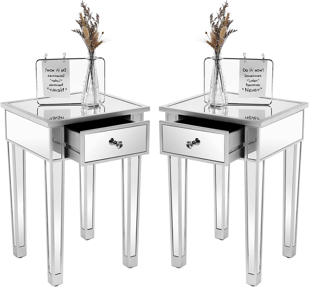 VINGLI Mirrored End Table with Drawer Silver Modern Nightstand/Bedside/Accent...