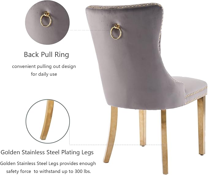 Grey Velvet Dining Chairs Set of 2, Upholstered Dining Room Chairs with Back ...