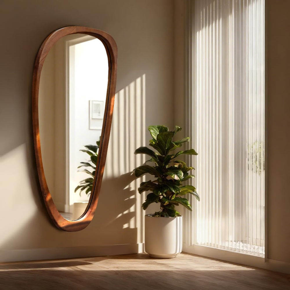 22‘’x48'' Asymmetrical Mirror with Wood Frame, Small Irregular Wall O...