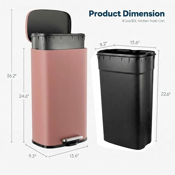 8 Gal Kitchen Trash Can, 30L Recycling or Garbage Bin, Brushed Stainless Steel
