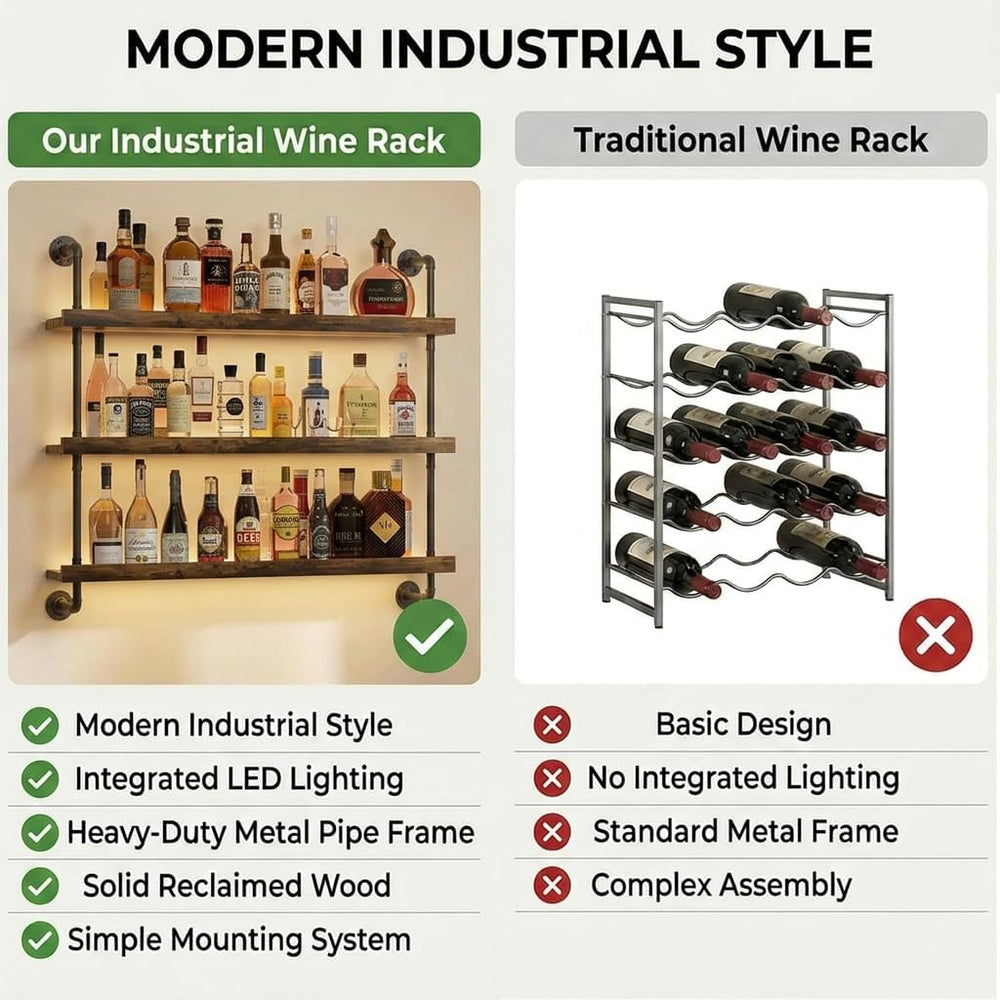 3-Tier Wall Mounted Wine Rack with LED Lights,39.4" | Liquor Bottles Flo...