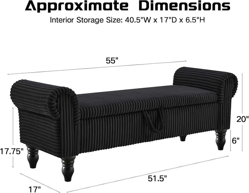 55" Storage Ottoman Bench, Corduroy End of Bed Bench for Bedroom, Black