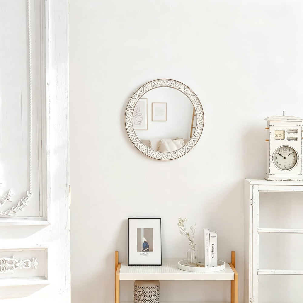 20" Round Rustic Mirror Wooden Frame Circle Mirrors, Distressed Wall Mou...