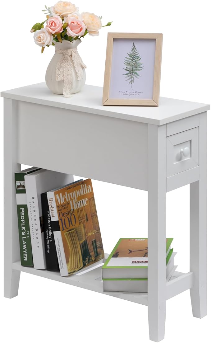 Narrow Side Table for Small Spaces, White, Set of 1, 24" L x 8.5" W...
