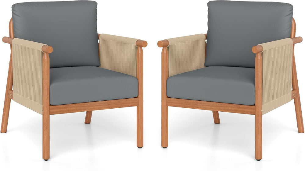 Tangkula Acacia Wood Patio Club Chair Set of 2, Boho Accent Chair with Woven ...