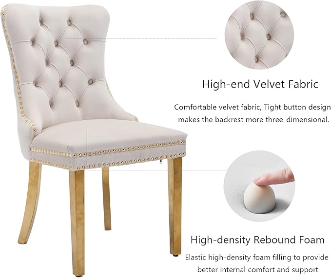 Beige Velvet Dining Chairs Set of 4, Upholstered Dining Room Chairs with Back...