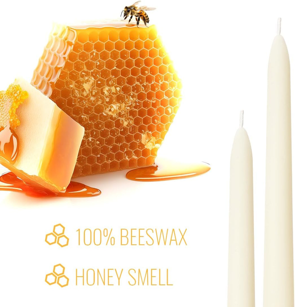 Ivory Beeswax Taper Candles- 9 Hour Burn Time๏ผPure Natural Hand Poured Beeswa...