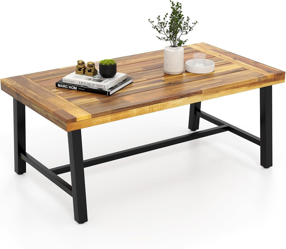 Tangkula Outdoor Acacia Wood Coffee Table, Rectangle Rustic Accent Table with...