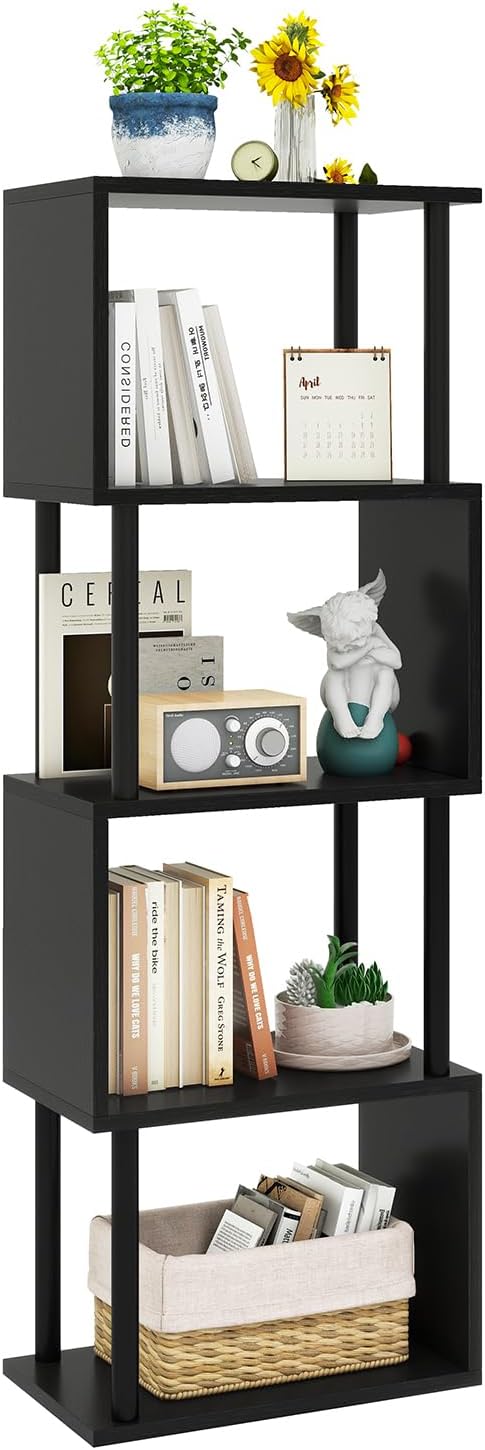 IBUYKE 5-Tier Tall Bookshelf,S-Shaped Geometric Bookcase, Wood Display Shelve...