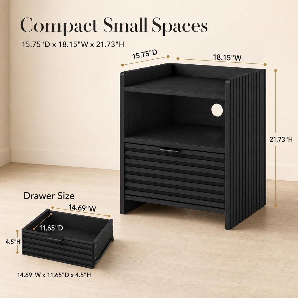 BON AUGURE Black Wood Nightstand, Modern End Table with Drawer