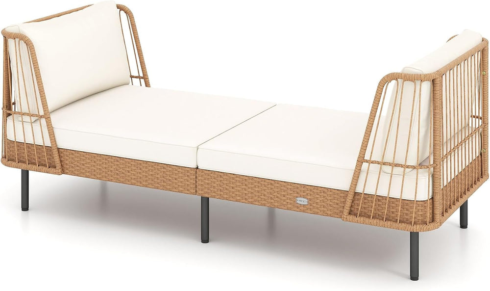 Tangkula Patio Rattan Daybed, Boho Wicker Lounge Sofa, Natural & Off White