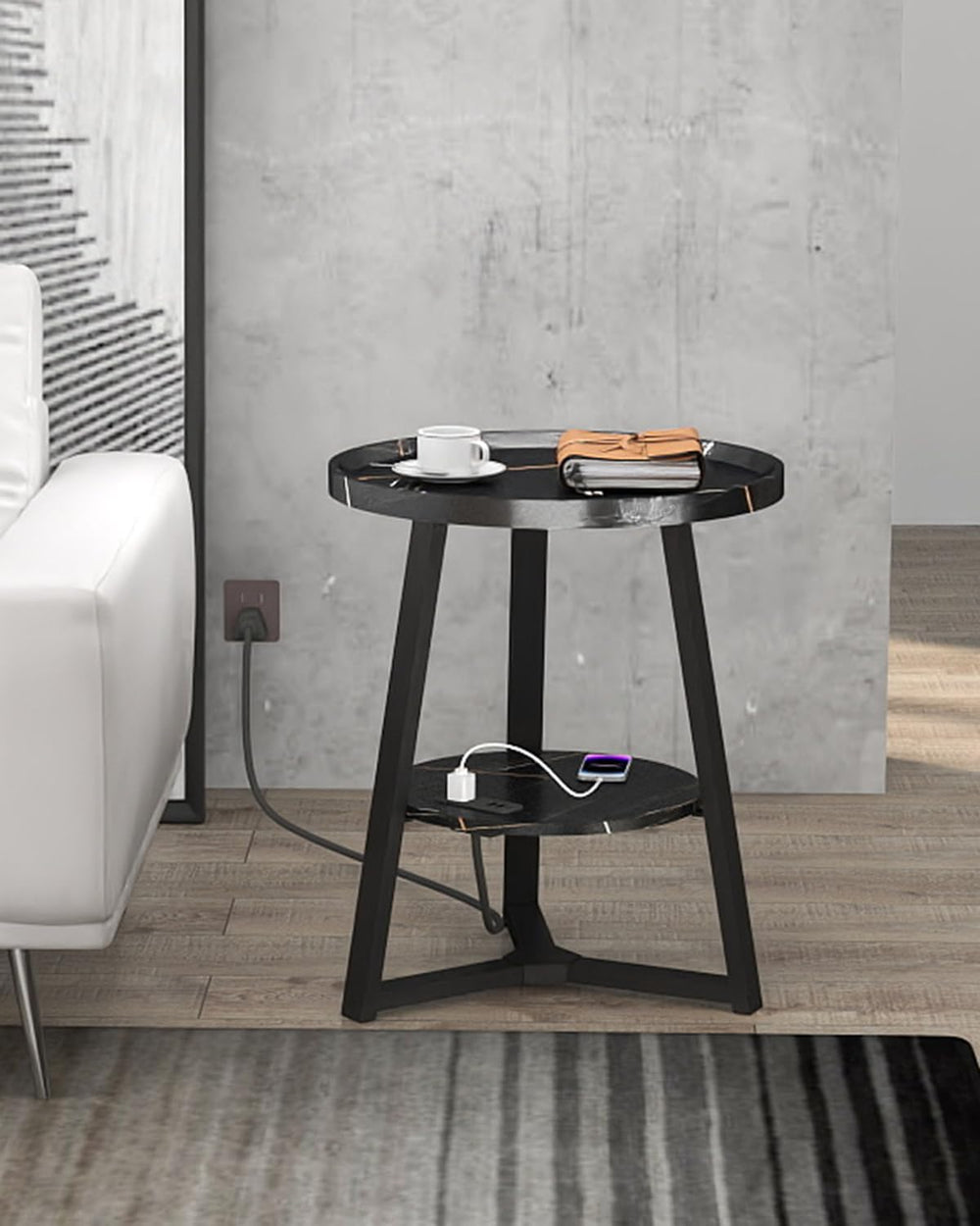 KJGKK Round End Table with Charging Station, 19.7" Dia x 23.63" H, ...