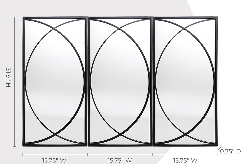 3 Pieces Black Rectangular Wall Mirror Set for Home Decor