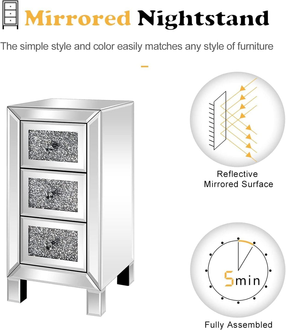 VINGLI 3-Drawer Mirrored Nightstand Bedside Table Modern Night Stands Set of ...