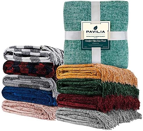 PAVILIA Chenille Throw Blanket, Knit Twin Size Tassel Throw, Yellow 60x80