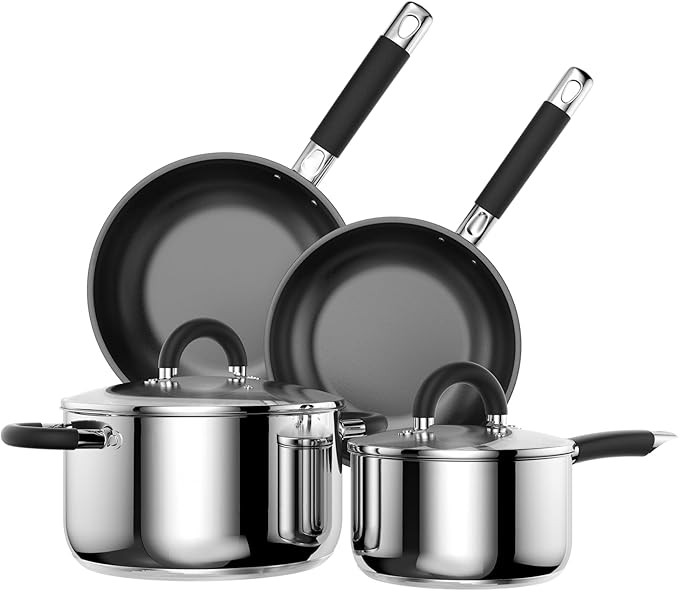 Pots and Pans Set Non Stick, 5 Ply Stainless Steel Cookware Set of 6, 2.8QT