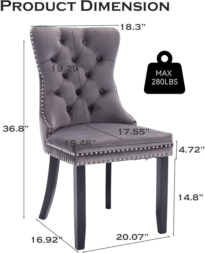 Velvet Upholstered Dining Chairs Set of 2, Modern Style Kitchen Side Chairs w...