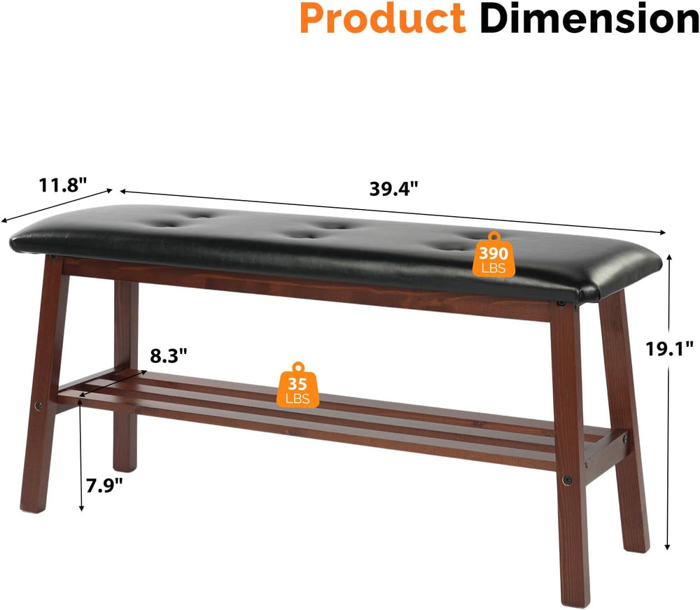 VINGLI Padded Solid Wood Dining Table Bench with Shoe Rack Storage Walnut