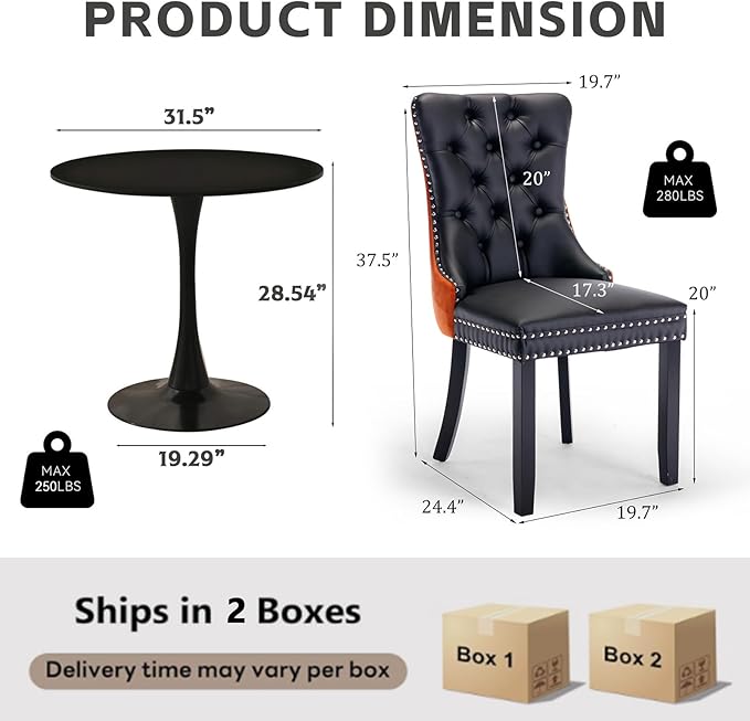 3-Pieces 31.5" Round Dining Table Set for 2, Black Dining Table & PU...