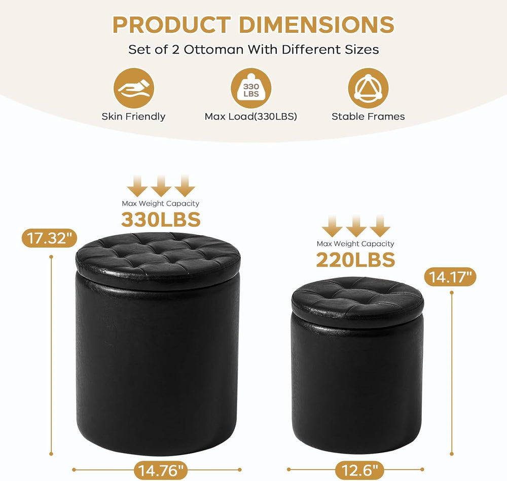 oakvivo Round Ottoman with Storage Set of 2, 12.6" W x 14.17" H &am...