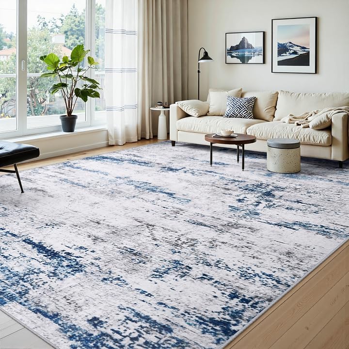10x14 Area Rugs for Living Room Large Washable Rug White Gray Blue