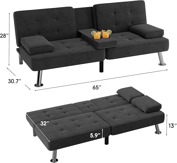 Flamaker Futon Sofa Bed Modern Folding Futon Set Linen Fabric Convertible Rec...