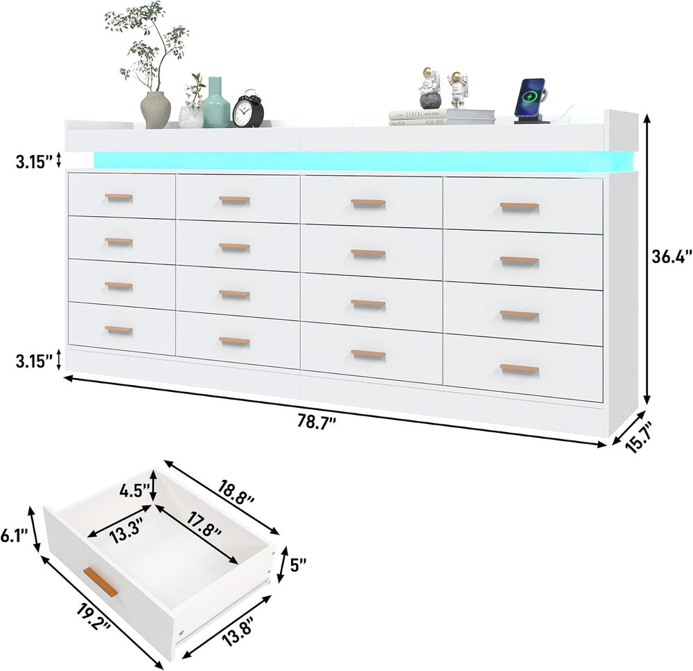 16 Drawer Dresser with LED Light and Charging Station, Modern Chest of Drawer...