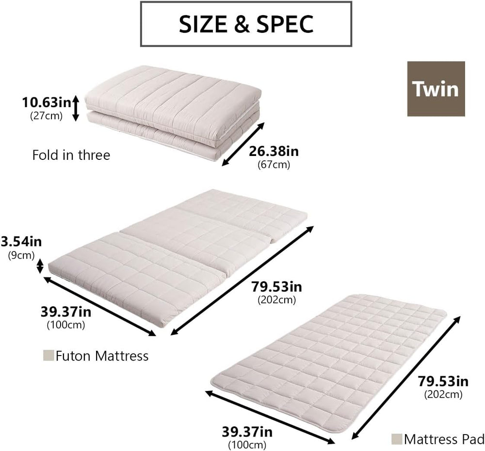 EMOOR Japanese Tri-fold Futon Mattress Machi with Mattress Pad Twin Gray, Gus...