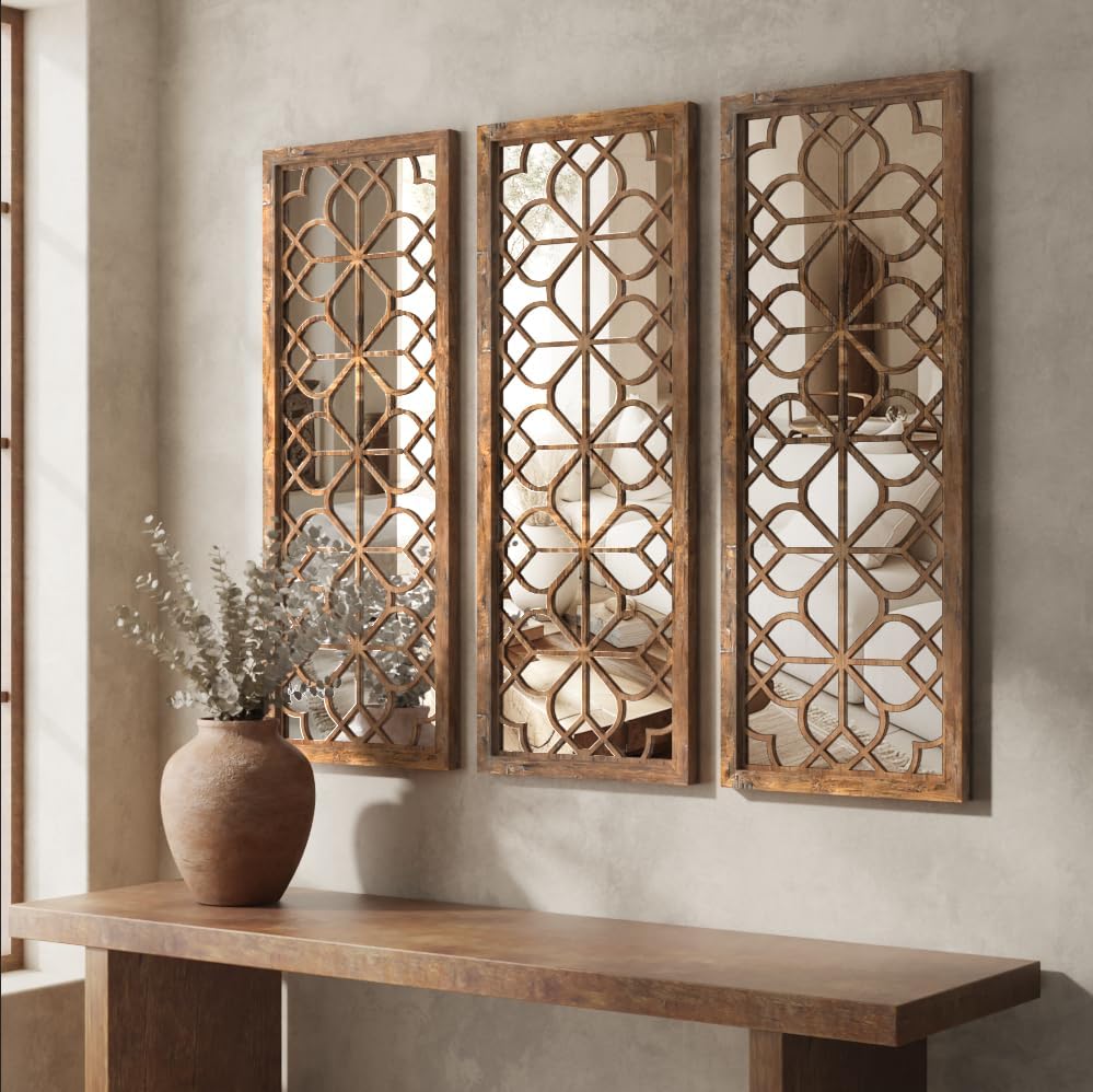 Set of 2 16x41.5 Inch Large Carved Floral Wood Frame Wall Mirrors, Shatterpro...