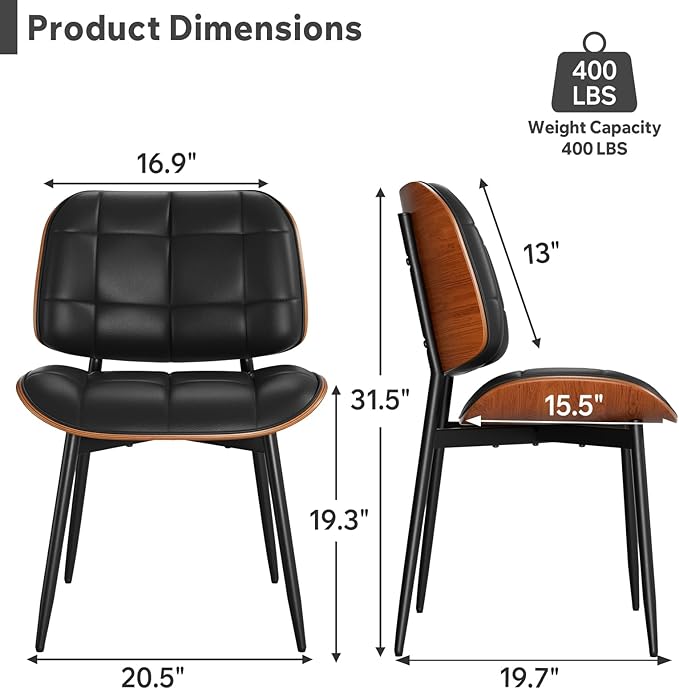 Dining Chair, Black Mid Century Modern Dining Room Chair, Upholstered Faux Le...