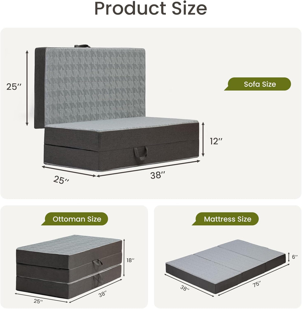 6" Trifold Mattress Twin Size, Thick Memory Foam Futon Topper with Porta...