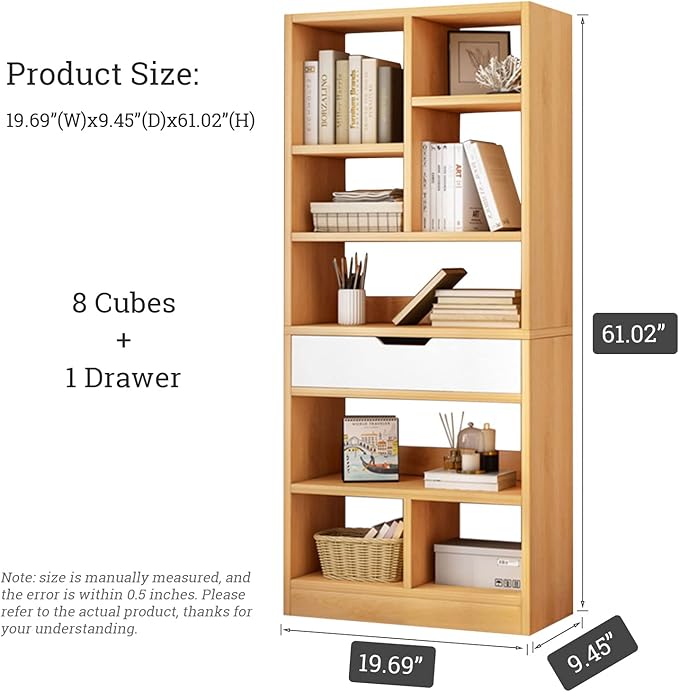 IOTXY Wooden Open Shelf Bookcase - 61 Inches Height Freestanding Display Stor...
