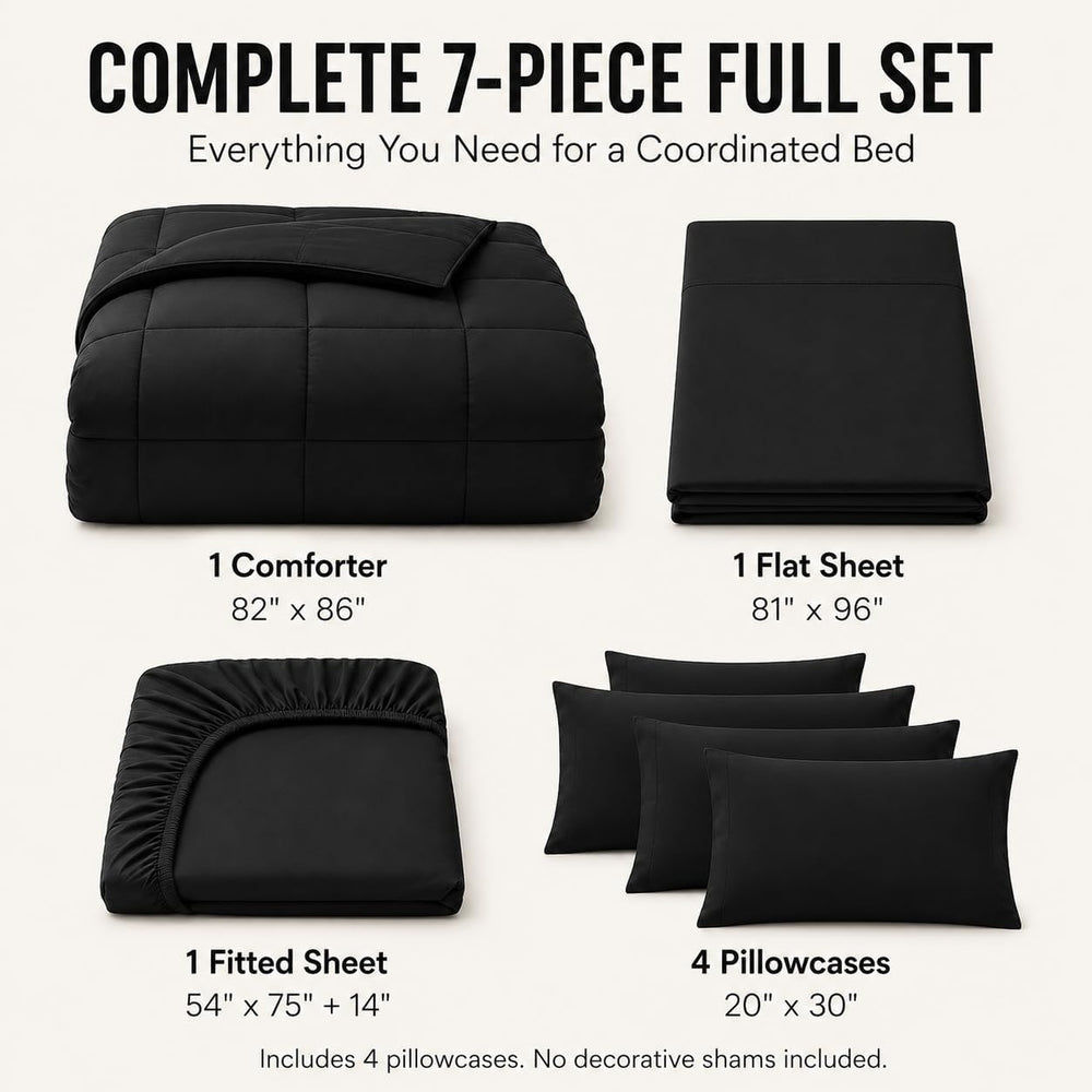 Full Size Comforter Sets Black - 7 Pieces Bed in a Bag