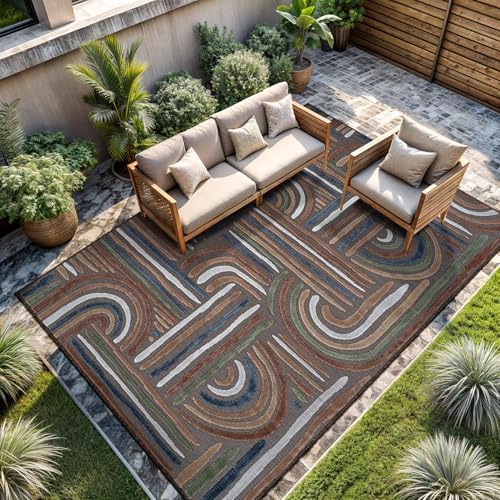 CAMILSON Indoor Outdoor Rug, Brown 8x10 Geometric Arch Striped Area Rugs for ...