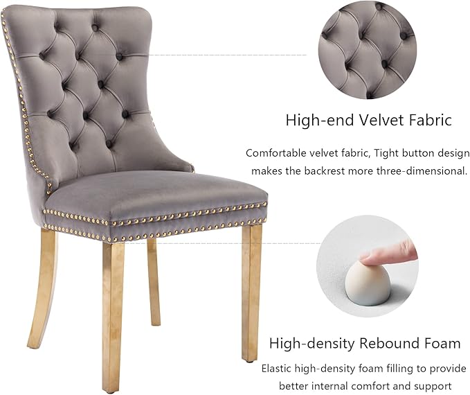 Grey Velvet Dining Chairs Set of 2, Upholstered Dining Room Chairs with Back ...