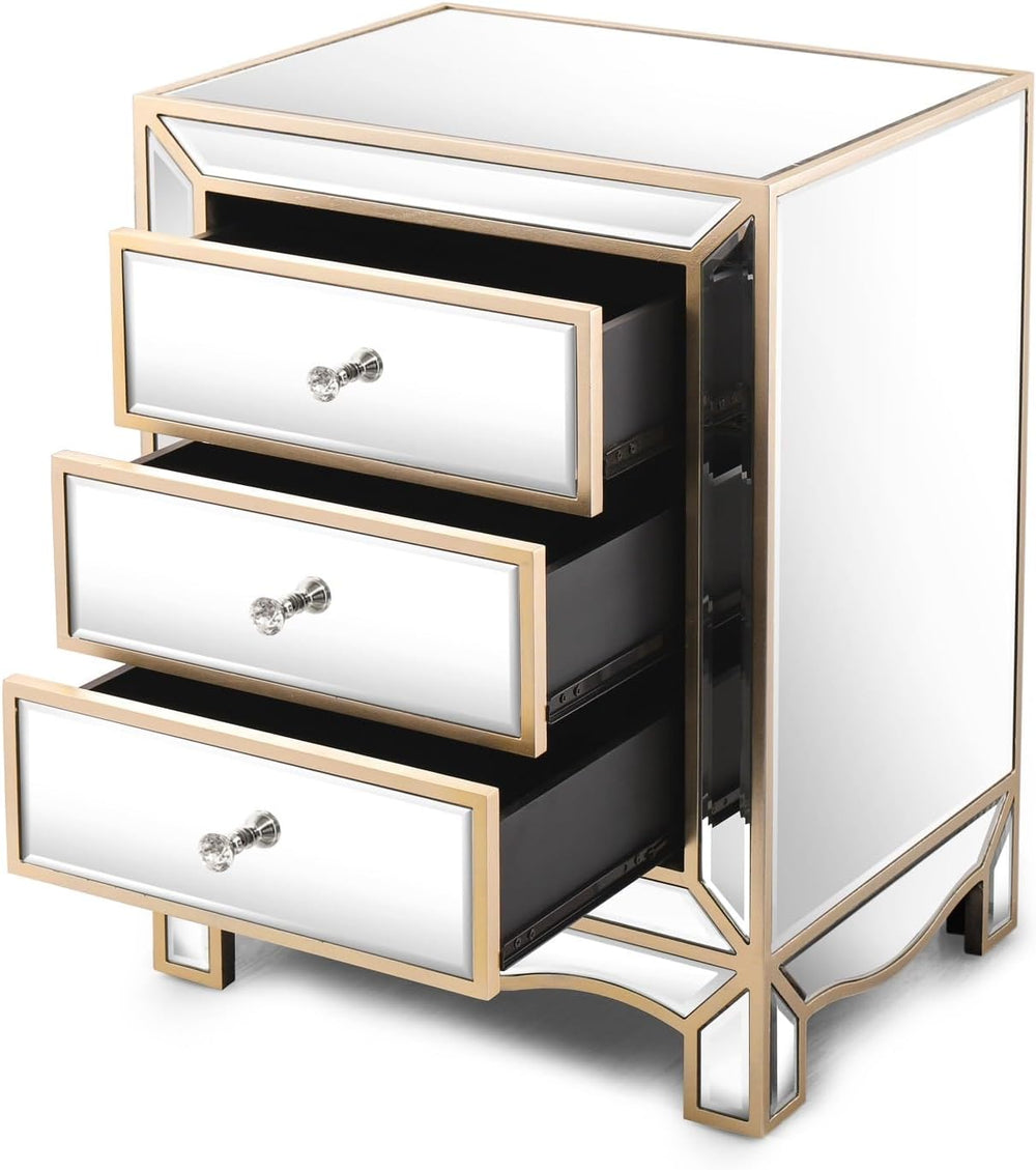 Elegant Mirrored Nightstand Gold Edge Silver End Table with 3 Drawers, Mirror...