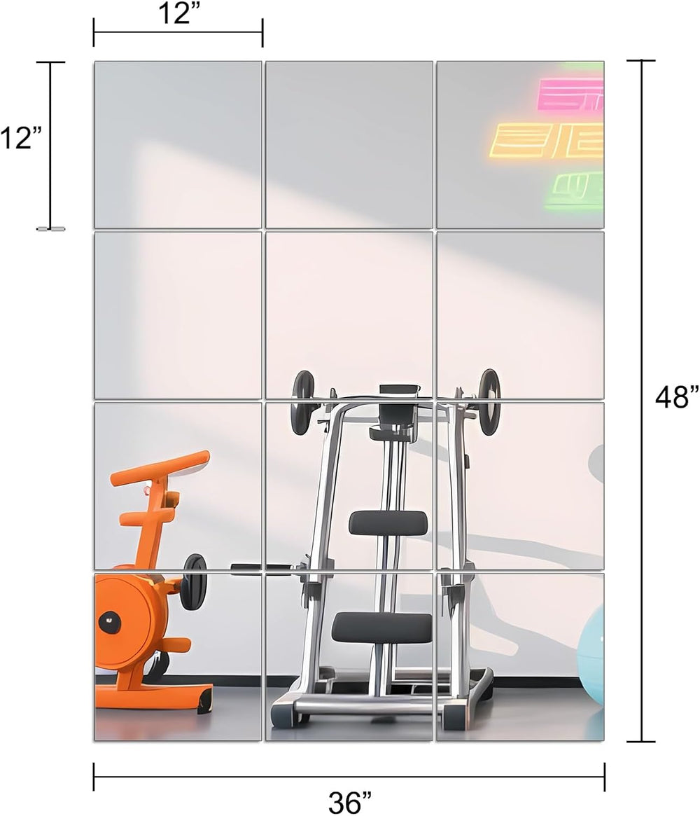 Ruomeng Home Gym Mirrors 12 Inch x 12Pcs Wall Mounted Mirror Glass Frameless ...