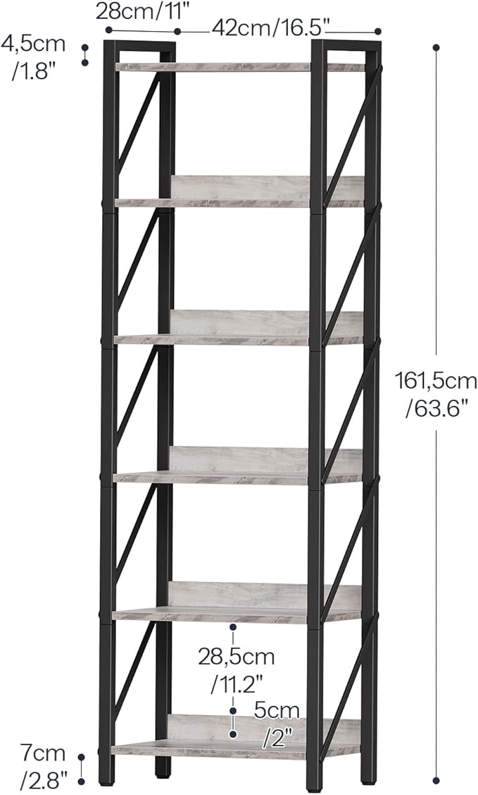 HOOBRO Bookshelf, 6-Tier Industrial Bookcase, Book Shelf Storage Organizer, T...